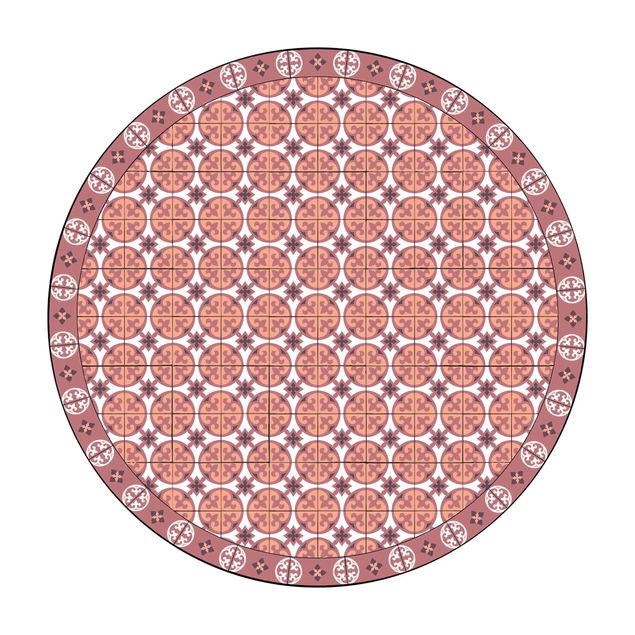 Tappeto in vinile rotondo - Mix di piastrelle geometriche con cerchi arancione