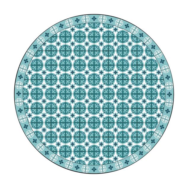 Tappeto in vinile rotondo - Mix di piastrelle geometriche con cerchi turchese