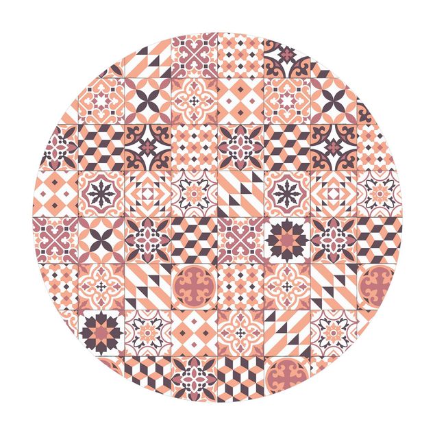 Tappeto in vinile rotondo - Mix di piastrelle geometriche arancione