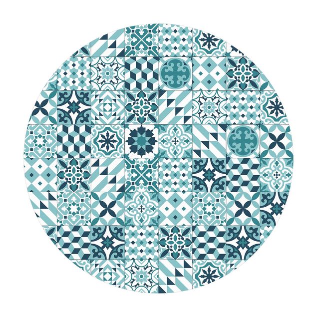 Tappeto in vinile rotondo - Mix di piastrelle geometriche turchese