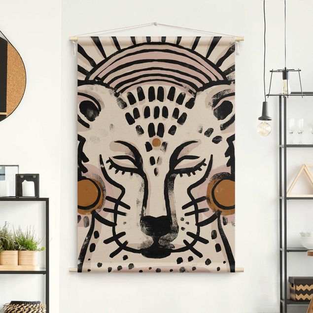 Arazzi da parete boho Illustrazione di ghepardo con orecchini di perle
