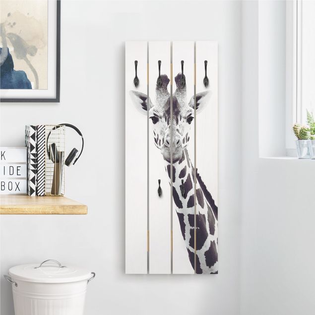 Appendiabiti in legno - Ritratto di giraffa in bianco e nero