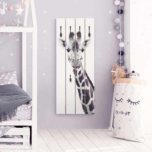 Appendiabiti in legno - Ritratto di giraffa in bianco e nero