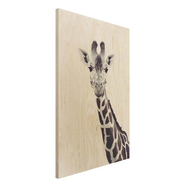 Stampa su legno - Ritratto di giraffa in bianco e nero
