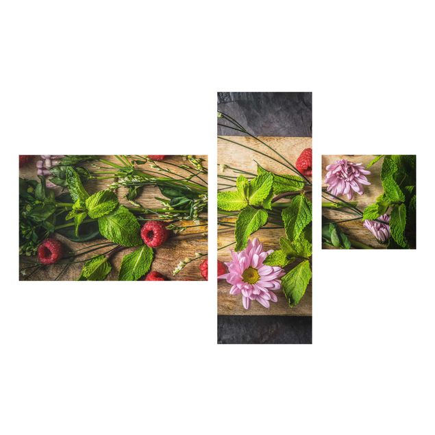 Quadro in vetro - Flowers raspberry mint - 3 parti