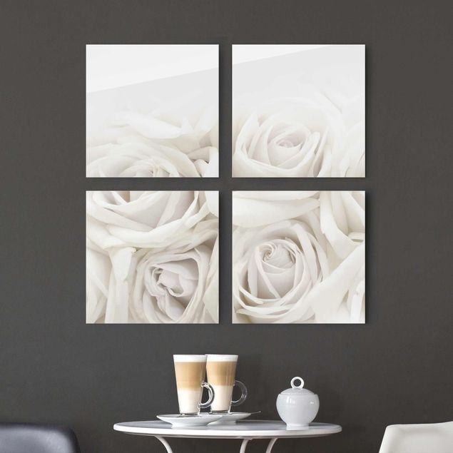 Quadro in vetro - White Roses - 4 parti