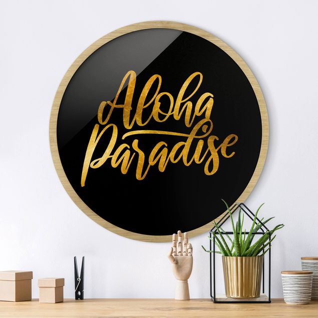 Poster con cornice rotonda Oro - Paradiso Aloha su nero