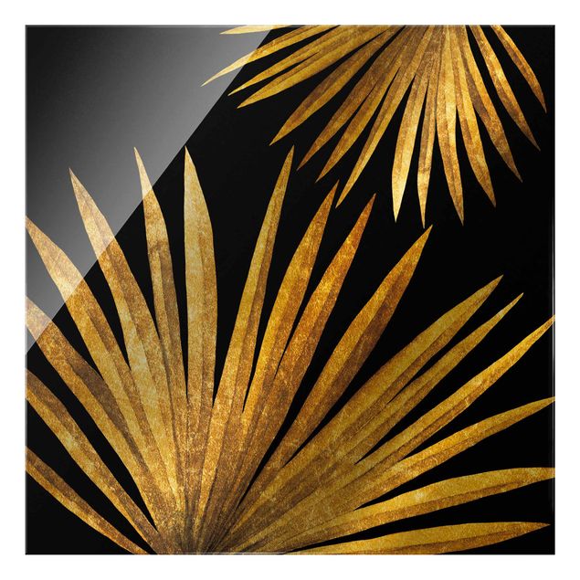 Quadro in vetro - Oro - Foglia di palma su sfondo nero - Quadrato