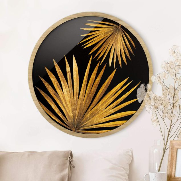 Poster con cornice rotonda Oro - Foglia di palma su nero