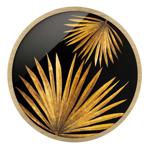 Quadro rotondo incorniciato - Oro - Foglia di palma su sfondo nero