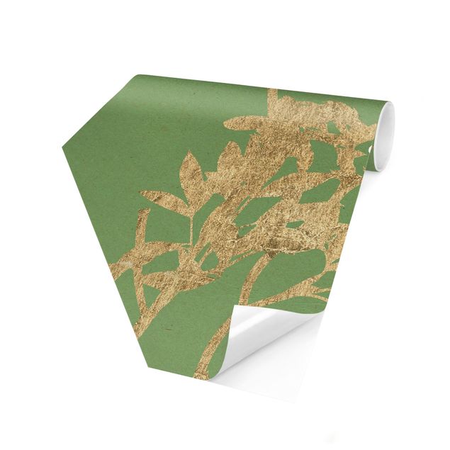 Carta da parati esagonale adesiva con disegni - Foglie dorate su sfondo verdino I