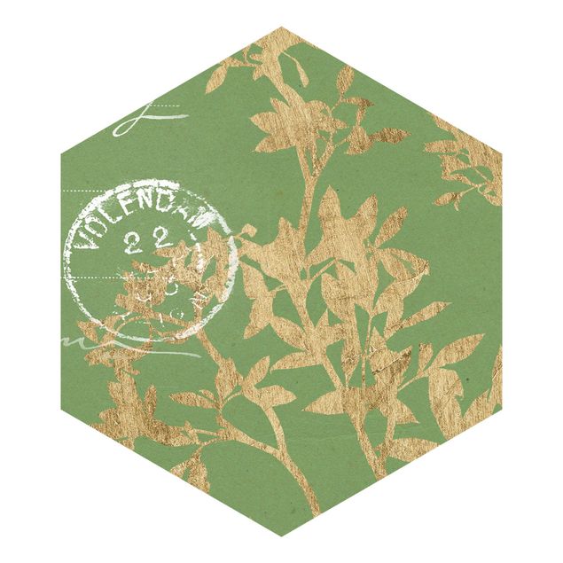 Carta da parati esagonale adesiva con disegni - Foglie dorate su sfondo verdino II