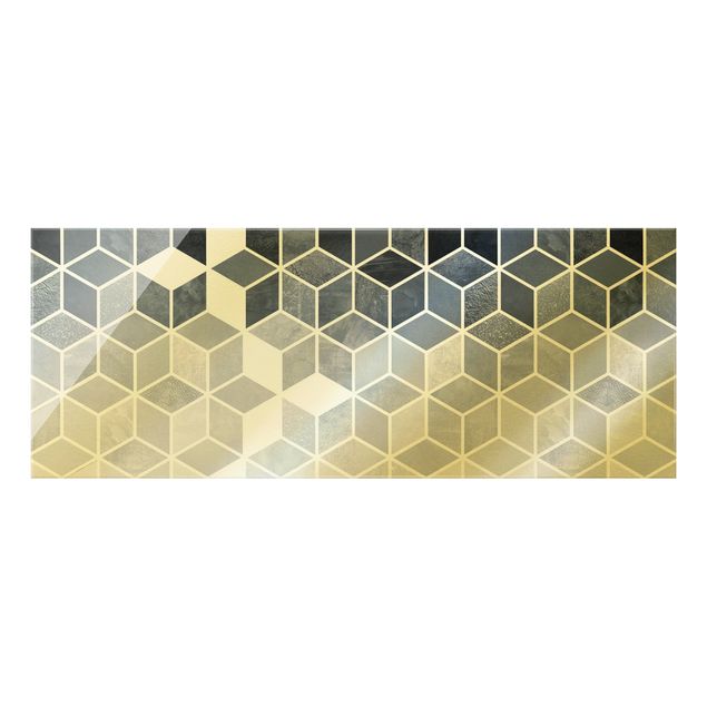 Quadro in vetro - Geometria dorata - Blu e bianco - Panorama