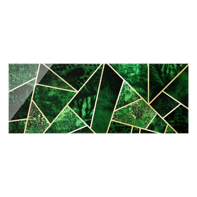 Quadro in vetro - Geometria dorata - Smeraldo scuro - Panorama