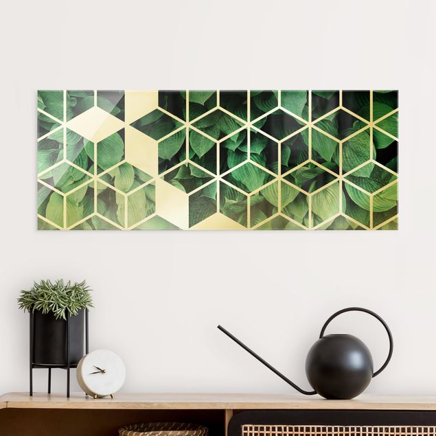 quadro astratto moderno Geometria dorata - Foglie verdi