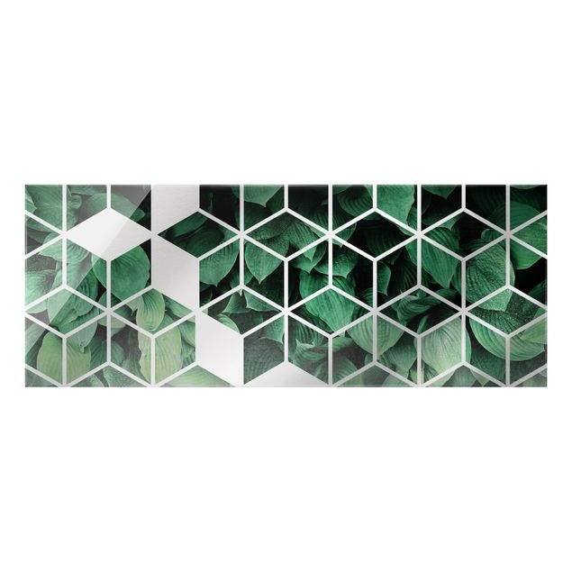 Quadro in vetro - Geometria dorata - Foglie verdi - Panorama