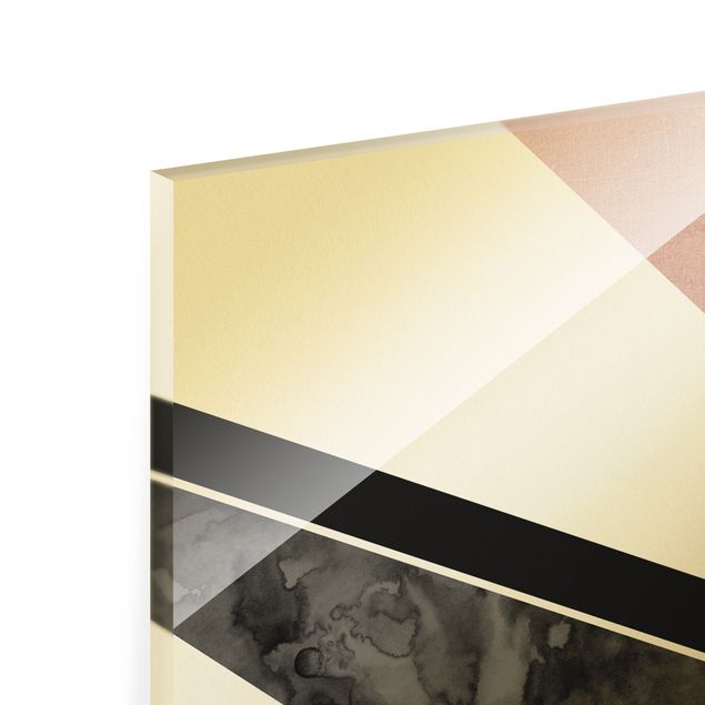 Quadro in vetro - Geometria dorata - Rosa e nero - Formato verticale