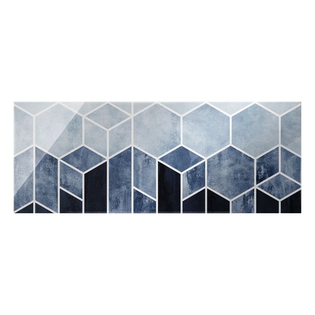 Quadro in vetro - Geometria dorata - Esagoni in blu e bianco - Panorama