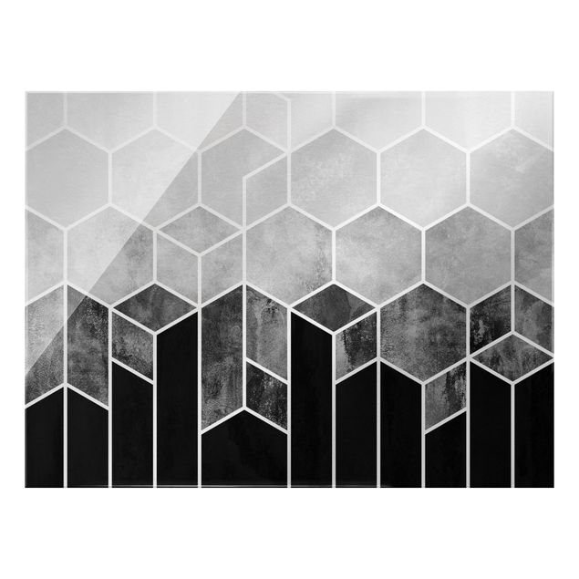 Quadro in vetro - Geometria dorata -  Esagoni in bianco e nero - Formato orizzontale