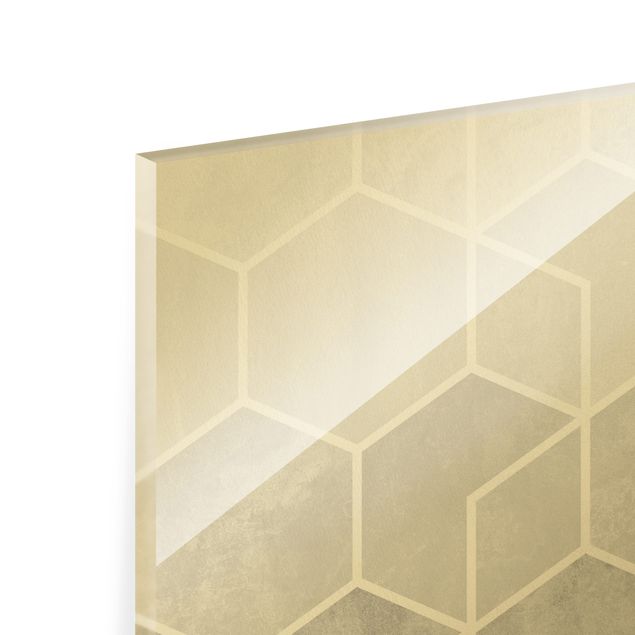 Quadro in vetro - Geometria dorata -  Esagoni in bianco e nero - Formato verticale