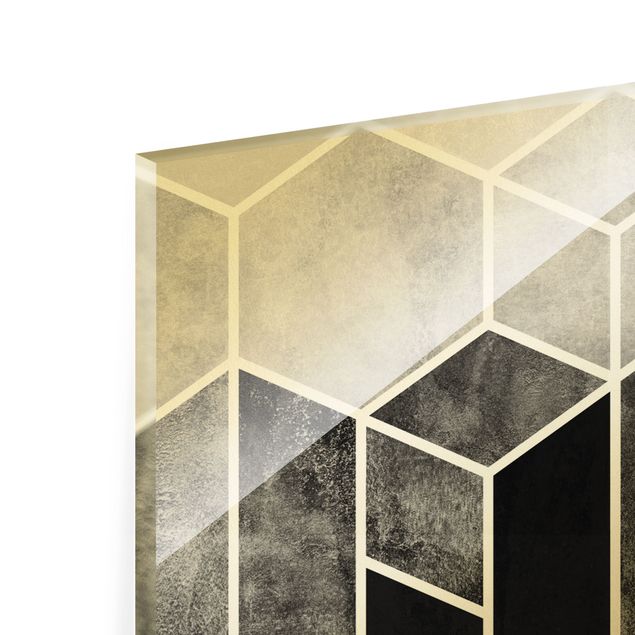 Quadro in vetro - Geometria dorata -  Esagoni in bianco e nero - Panorama