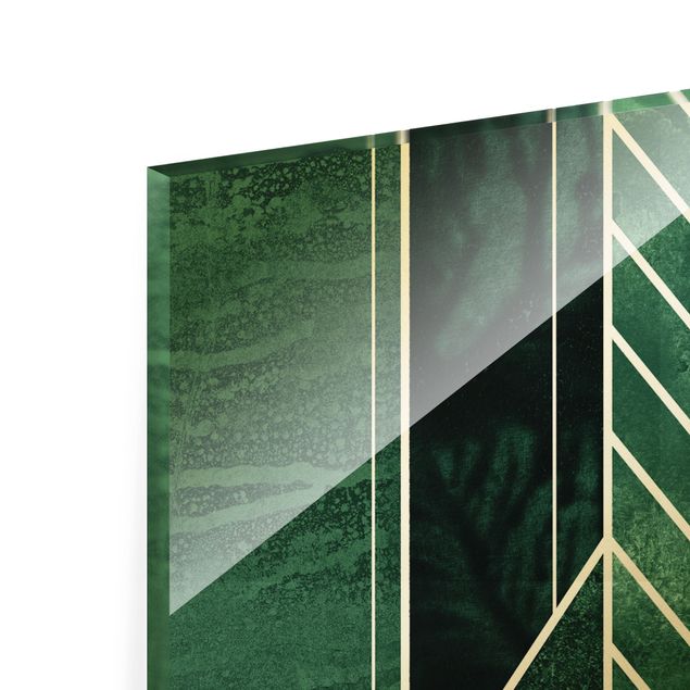 Quadro in vetro - Geometria dorata - Smeraldo - Panorama