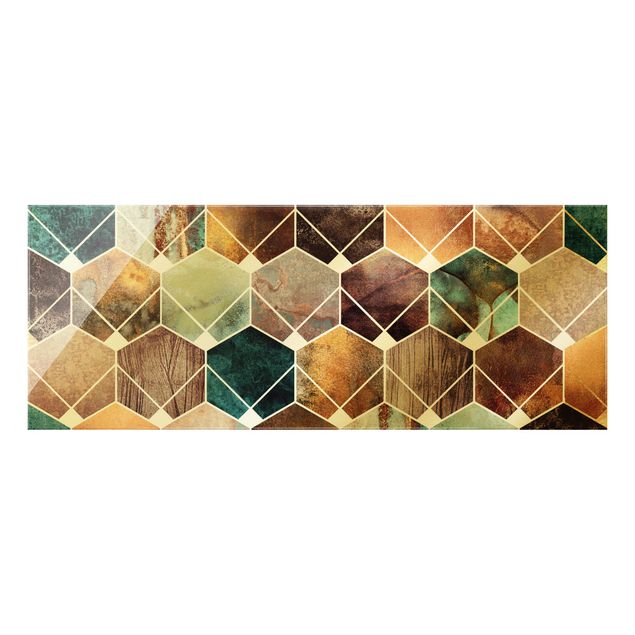 Quadro in vetro - Geometria dorata - Art Deco turchese - Panorama