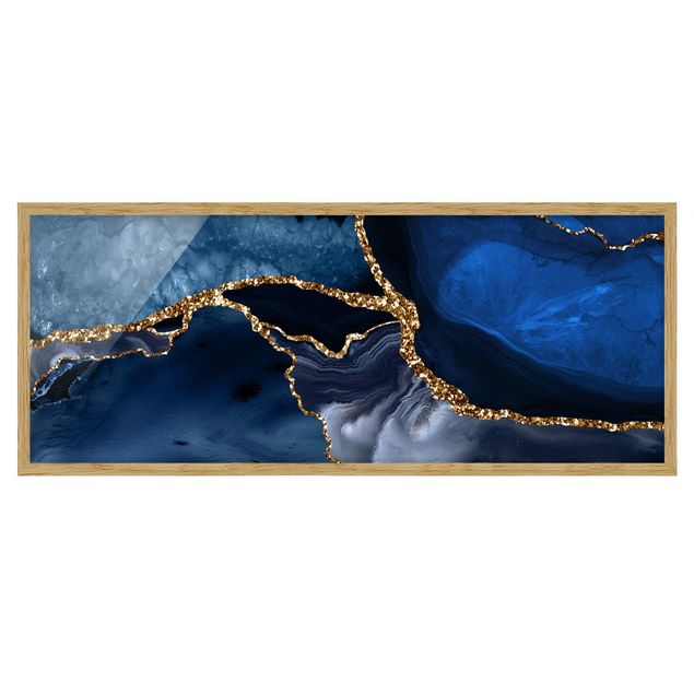 Poster con cornice - Onde di brillantini dorati su sfondo blu