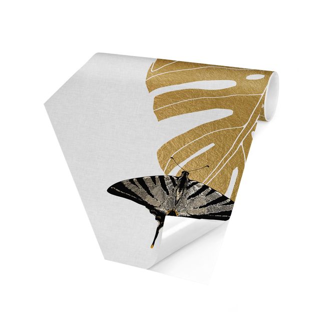 Carta da parati esagonale adesiva con disegni - Monstera dorata con farfalla