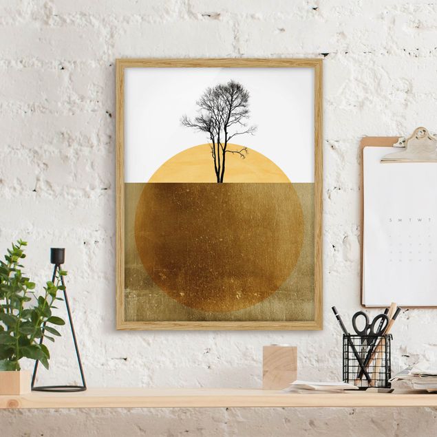 Poster con cornice Sole dorato con albero verticale su
