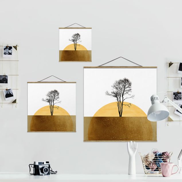 Foto su tessuto da parete con bastone - Sole dorato con albero - Quadrato 1:1