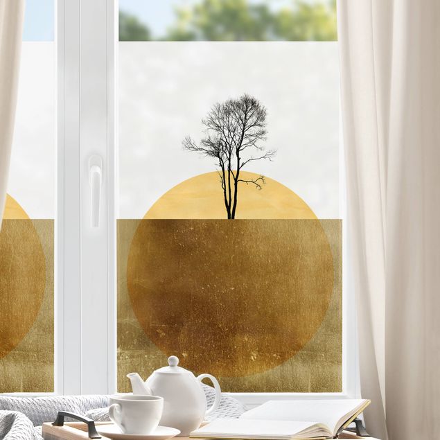 Pellicola per vetri colorata Sole dorato con albero