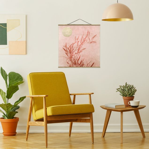 Foto su tessuto da parete con bastone - Sole dorato con bambù rosa - Quadrato 1:1