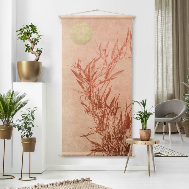 Arazzi da parete grande Sole dorato con bambù rosa
