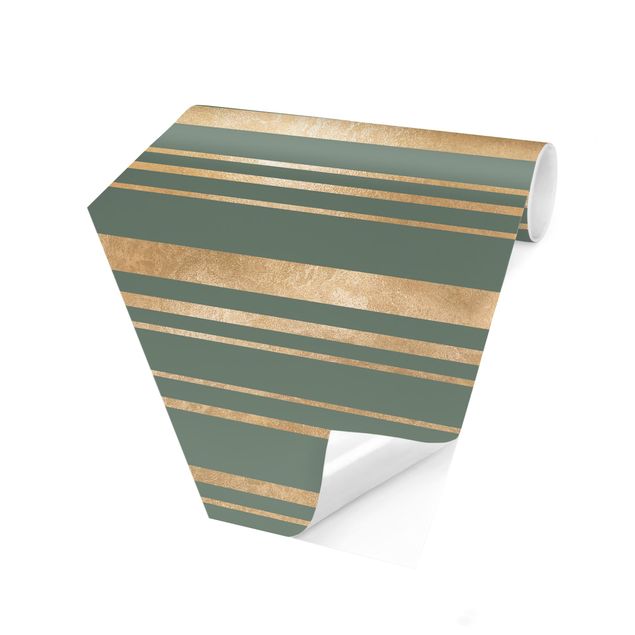 Carta da parati esagonale adesiva con disegni - Righe dorate su sfondo verde