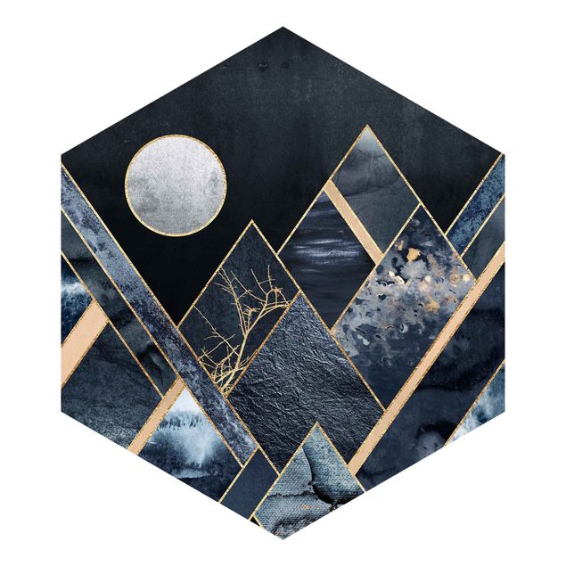 Carta da parati esagonale adesiva con disegni - Luna dorata su montagne nere astratte