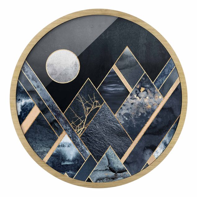 Quadro rotondo incorniciato - Luna dorata su montagne nere astratte