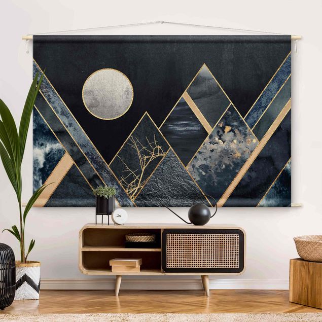 quadro astratto moderno Luna dorata su montagne nere astratte