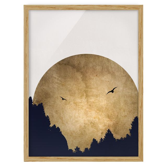 Poster con cornice - Luna dorata nella foresta