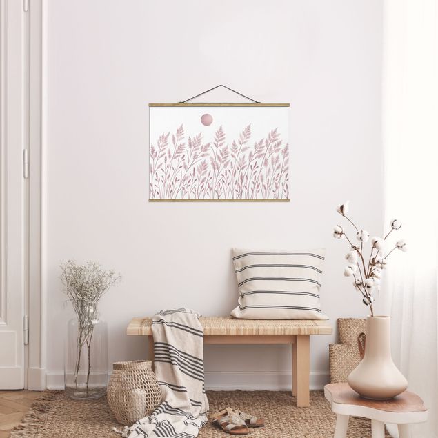 Foto su tessuto da parete con bastone - Erbe e luna in oro ramato