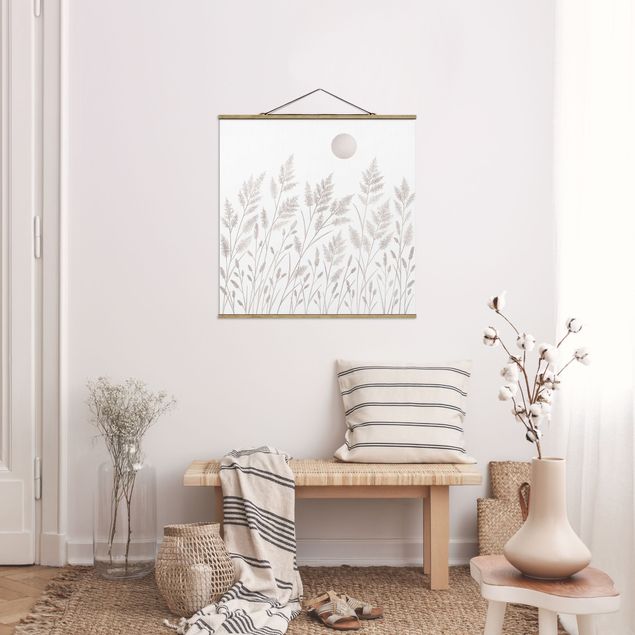 Foto su tessuto da parete con bastone - Erbe e luna in argento