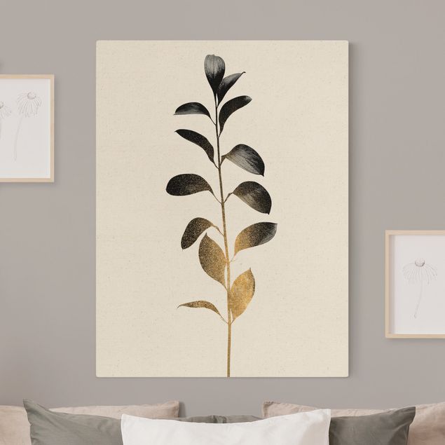 Quadro su tela fiori Mondo grafico delle piante - Oro e grigio