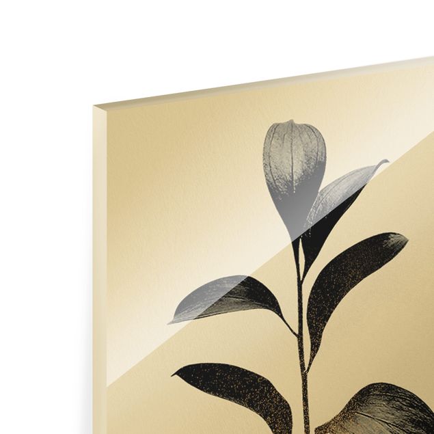 Quadro in vetro - Mondo vegetale grafico - Oro e grigio - Formato verticale