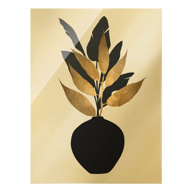 Quadro in vetro - Mondo vegetale grafico - Oro e nero - Formato verticale