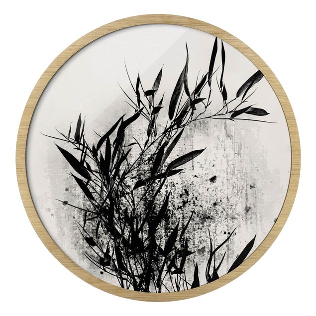 Quadro rotondo incorniciato - Mondo vegetale grafico - Bambú nero