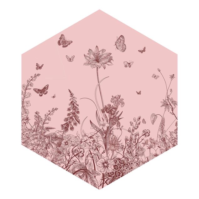 Carta da parati esagonale adesiva con disegni - Fiori grandi con farfalle su sfondo rosa