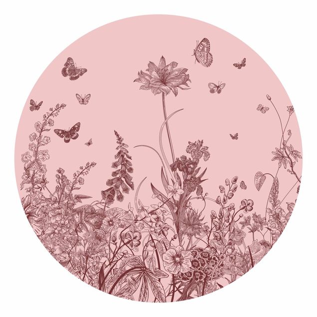 Carta da parati rotonda autoadesiva - Grandi fiori con farfalle su colore rosa