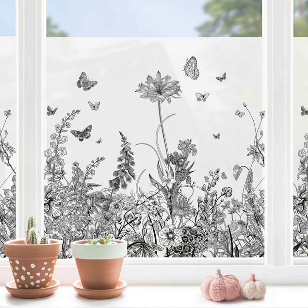 Pellicola per vetri con erbe Grandi fiori con farfalle in nero