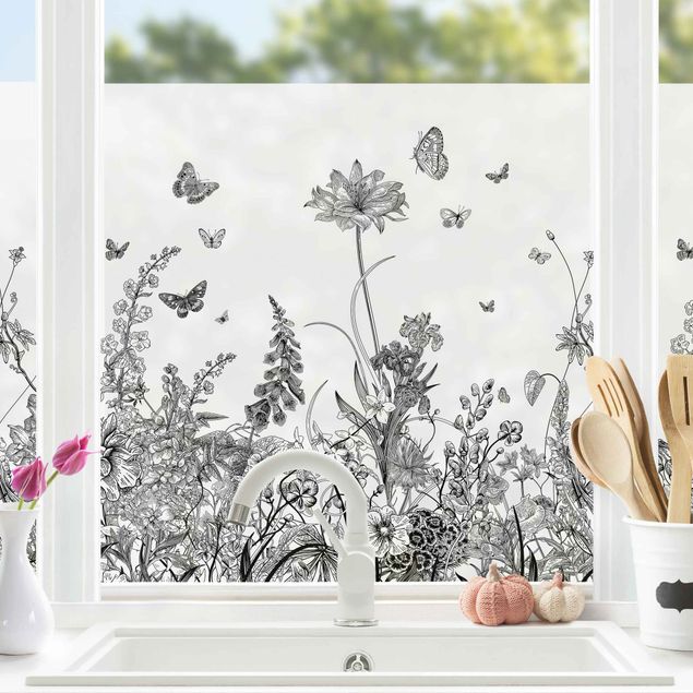 Pellicola per vetri per salone Grandi fiori con farfalle in nero