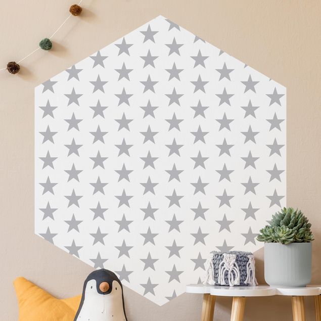 Carta da parati esagonale adesiva con disegni - Grandi stelle grigie su sfondo bianco